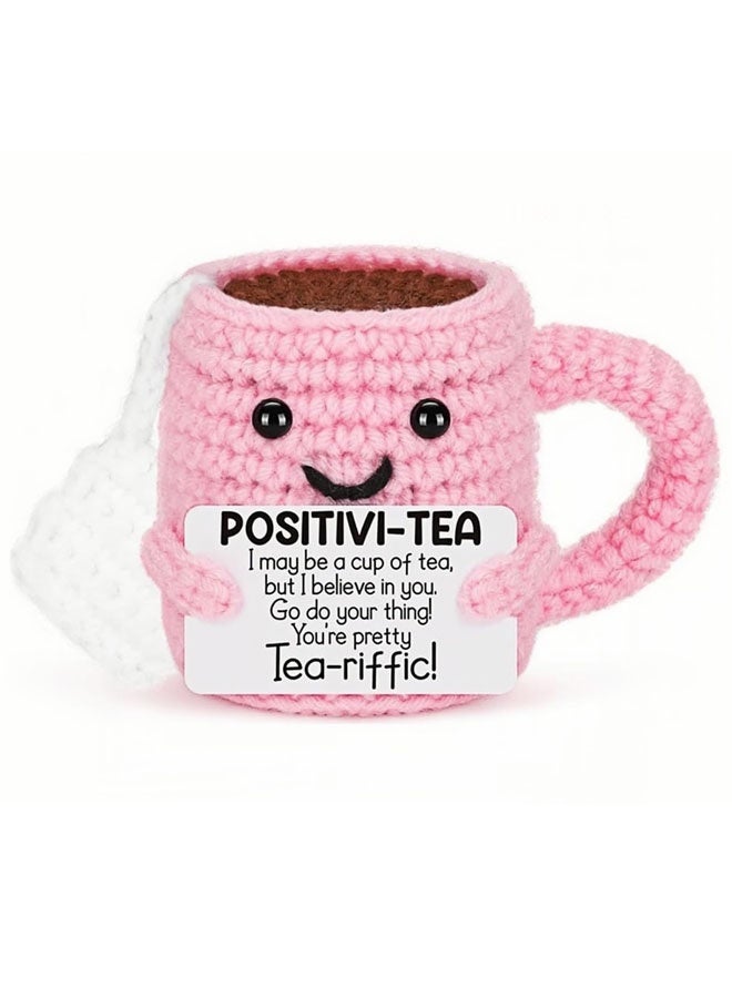 Cute Birthday Gifts for Women, Positive Handmade Crochet Pink Tea Cup Desk Decor–Tea Lovers Funny Unique Emotional Small Gift for Best Friends Girlfriend Wife Mom Coworkers Thank You Valentines Day - Image 1